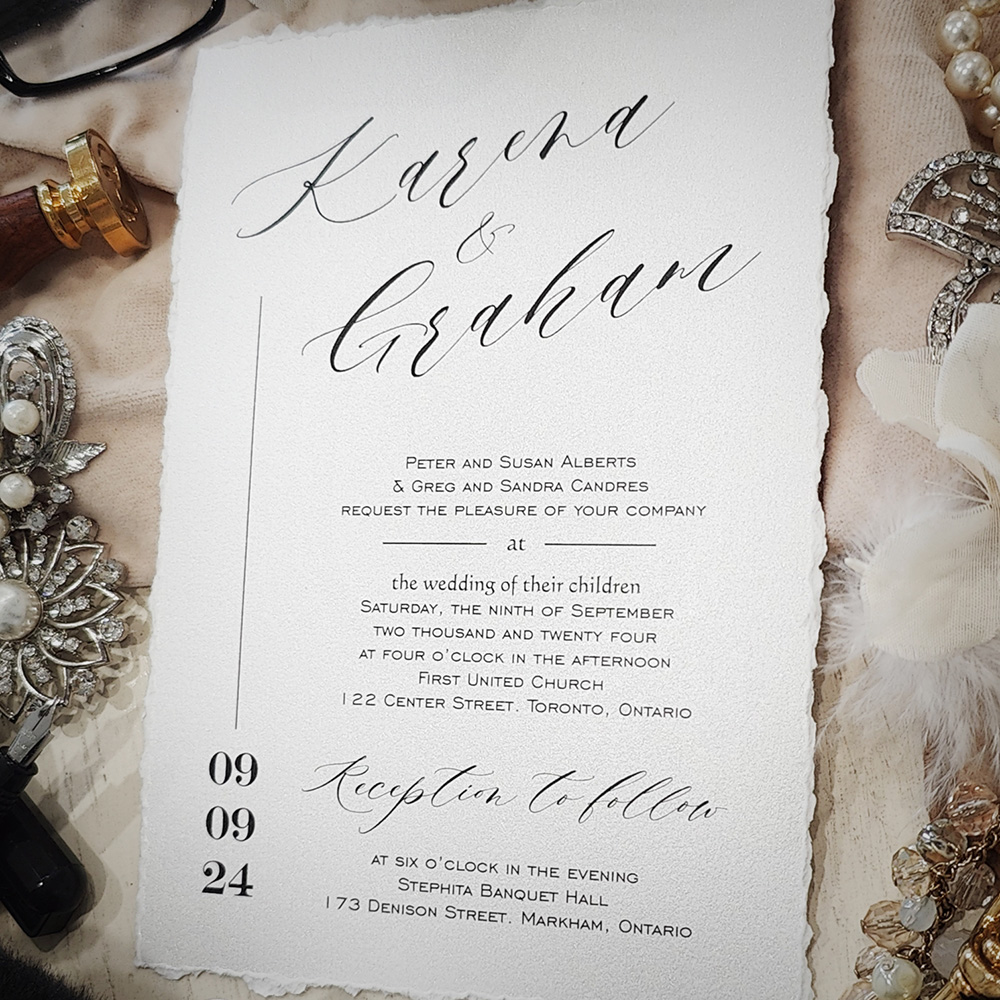 Invitation 2831: Ice Pearl - Deckle edge wedding invite with a modern layout on a white paper.