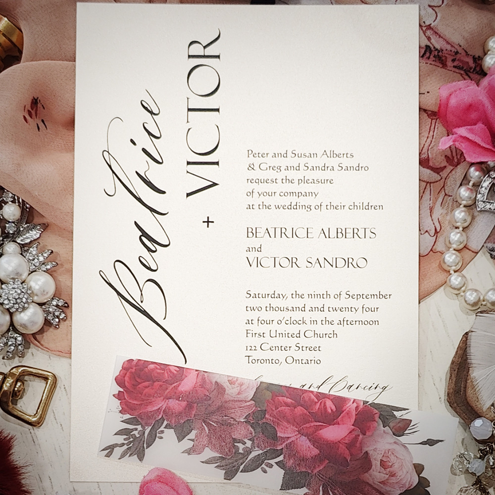 Invitation 2832: White Gold - Single card wedding invite on a white gold paper with a floral vellum belly band.