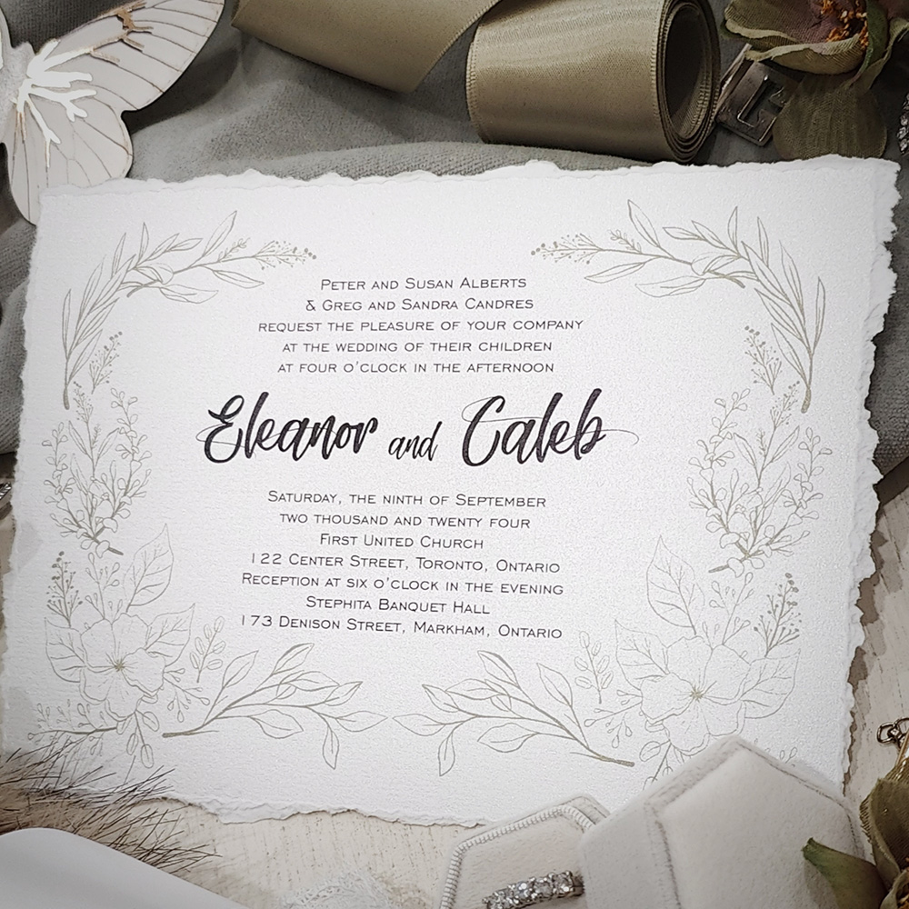 Invitation 2836: Ice Pearl - Deckle edge wedding card on a white paper with a floral border around the text.