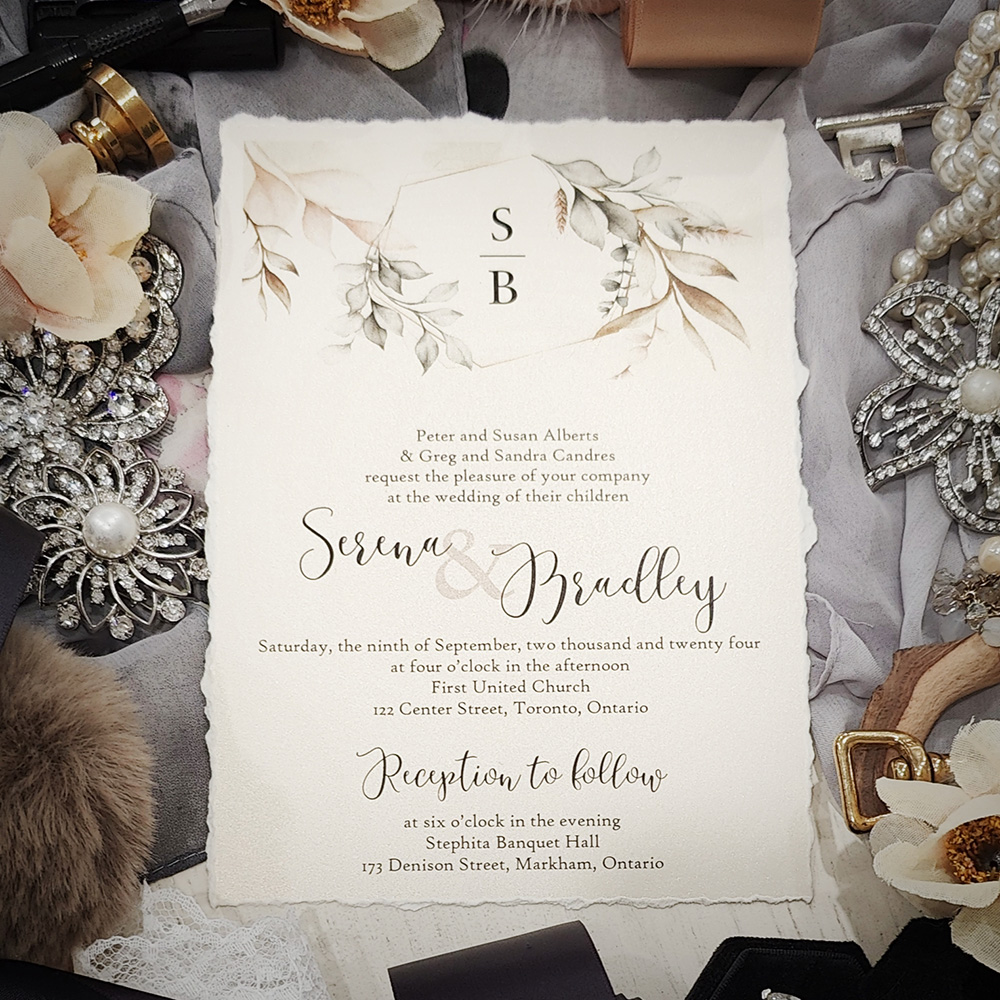 Invitation 2844: White Gold - Deckle edge wedding card with a floral design.