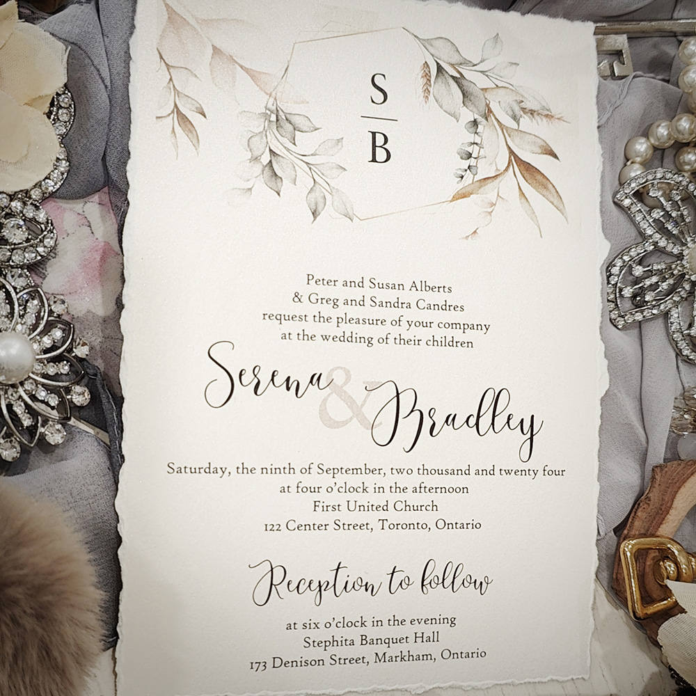 Invitation 2844: White Gold - Deckle edge wedding card with a floral design.