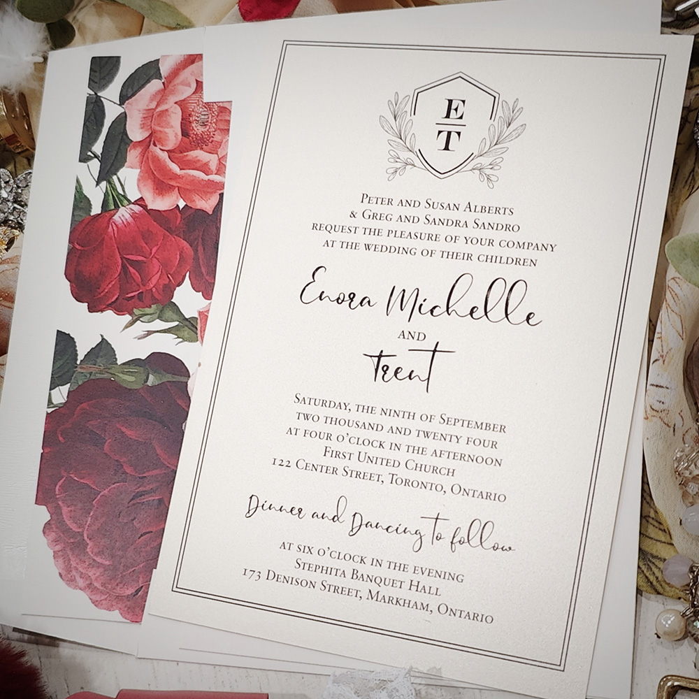Invitation 2846: White Gold - Single card wedding invite with a border and monogram.