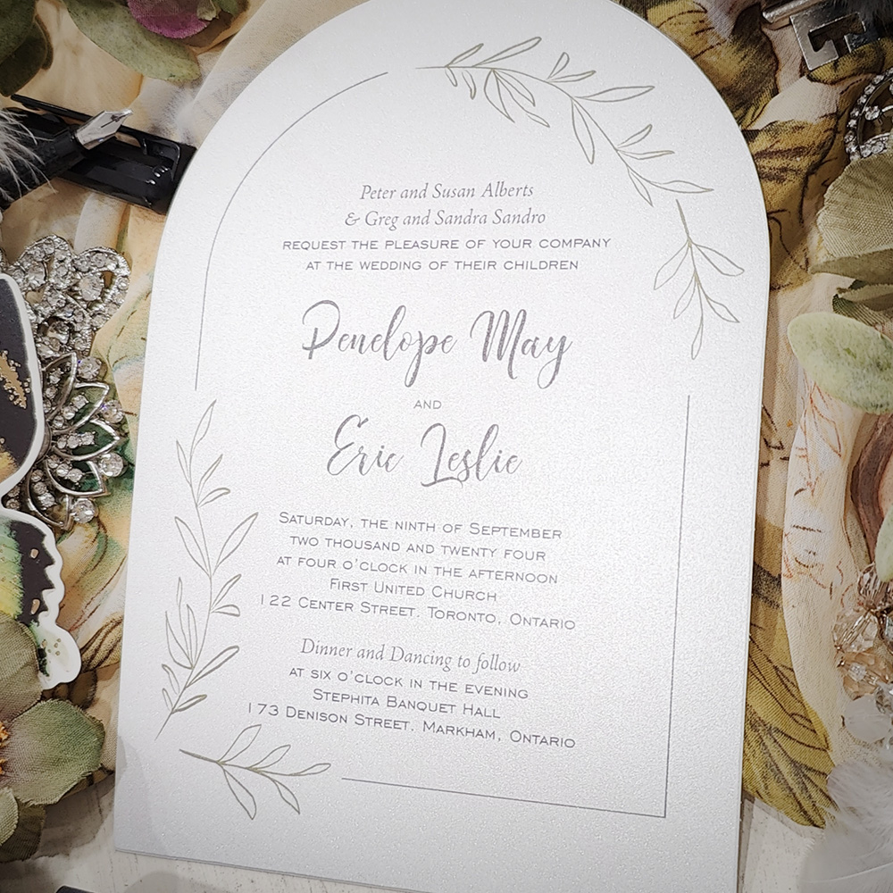 Invitation 2847: Ice Pearl - Arch cut design invite on a white paper with a floral arch design included.
