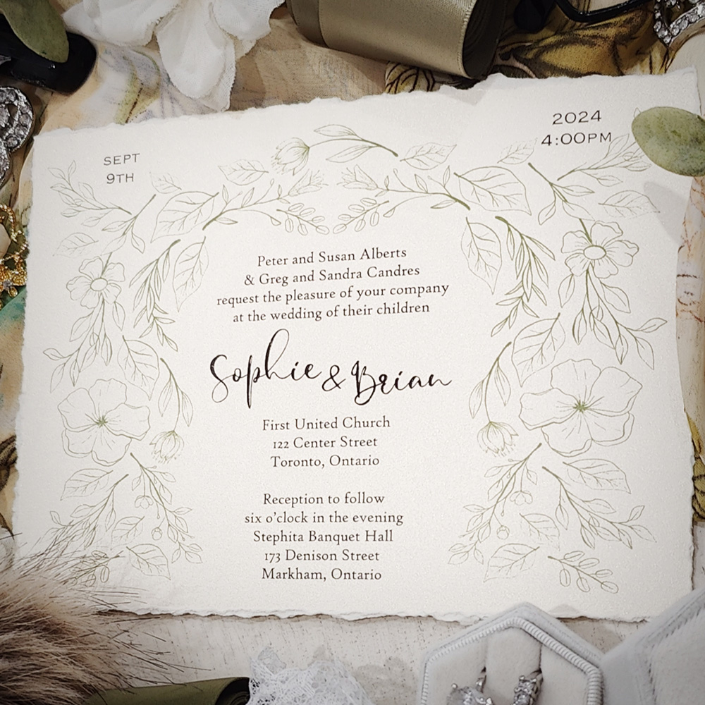 Invitation 2848: White Gold - Landscape design deckle edge wedding invite with a floral design.