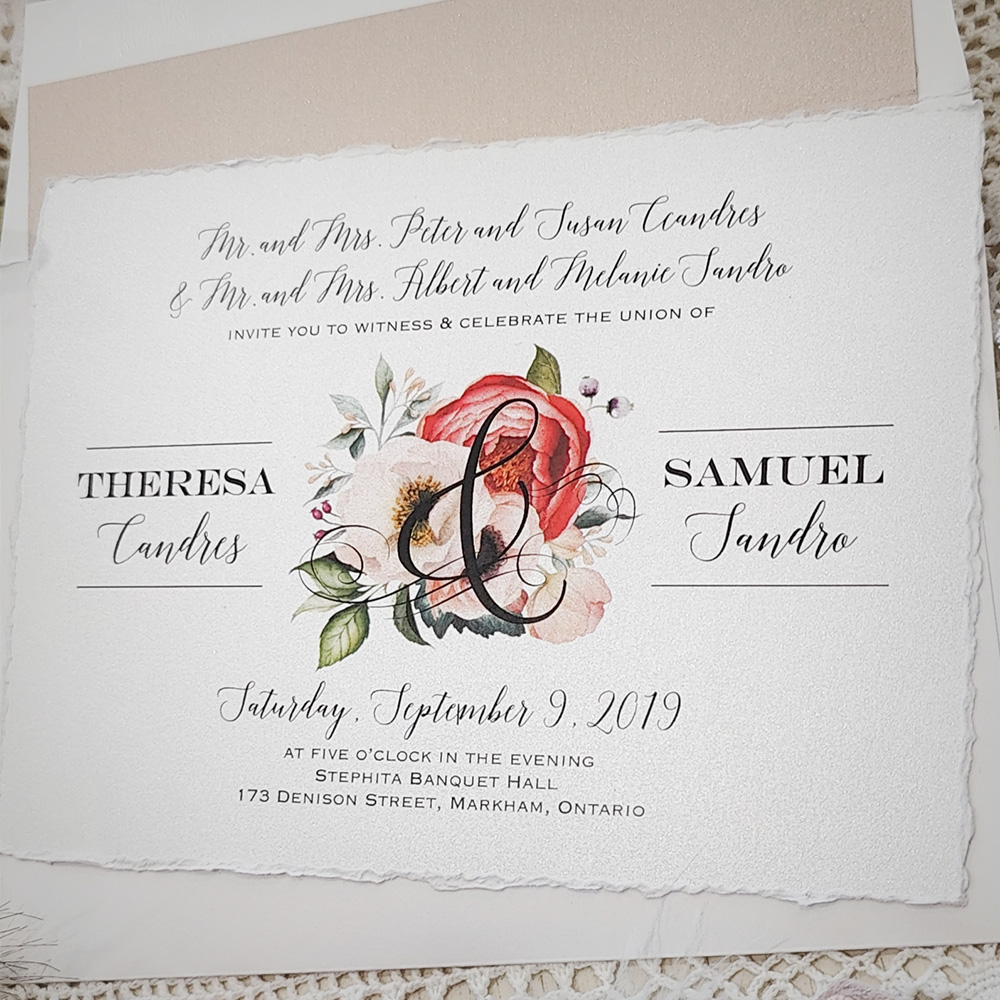 Invitation 3803: Ice Pearl - Single card wedding invitation with a deckle torn edge.