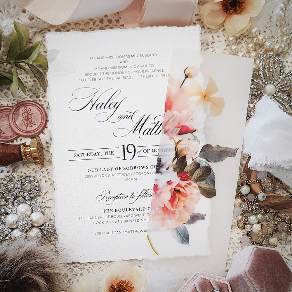 Invitation 3804: White Gold, Silver Wax - Torn deckle edge wedding card on white gold with a printed floral vellum wrap and silver custom wax seal.