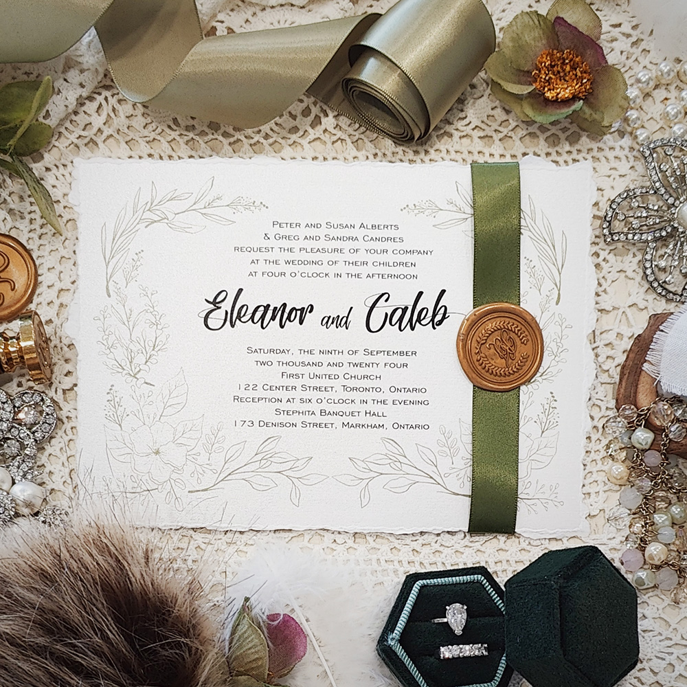Invitation 3807: Ice Pearl, Gold Wax, Sage Ribbon - Deckle edge wedding invite on ice white pearl paper with sage green ribbon and gold wax seal.