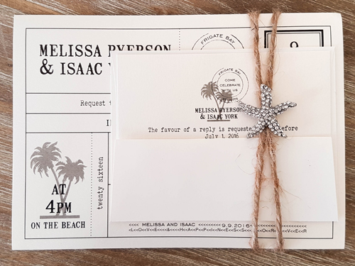 Invitation Destination18: White Gold, Brooch/Buckle A10 - This is a single card travel invite style.  There is a rustic twine wrapped around with a starfish brooch.
