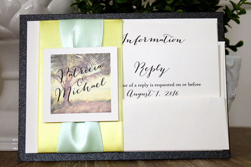 Invitation Destination6: Black Pearl, Cream Smooth, Canary Ribbon, Canary Ribbon, Icy Mint Ribbon - This is a layered invite with a black backing.  There are 3 ribbon stripes and a cover tag on the left.