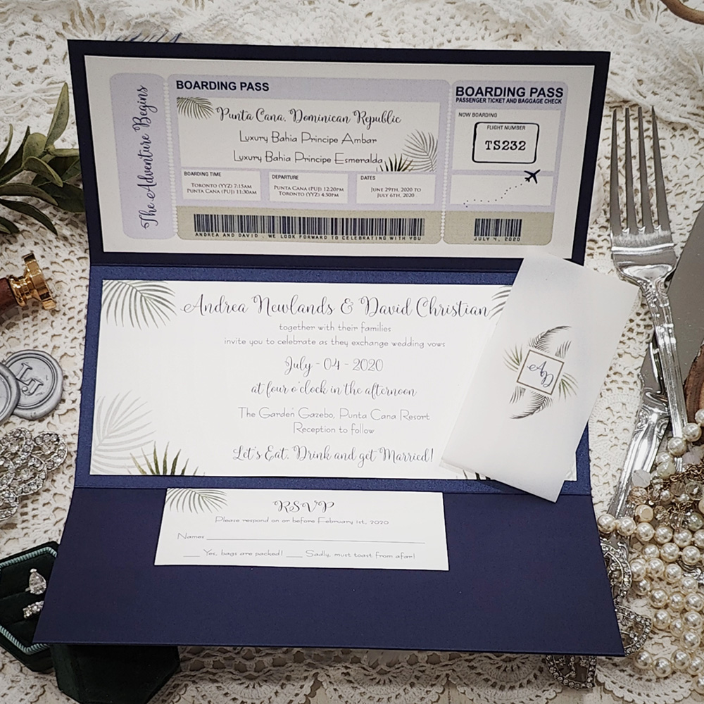 Invitation 8204: Navy Pearl, Cream Smooth - navy trifold pocketfold boarding pass with vellum band