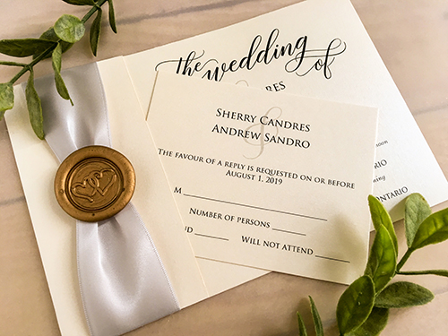 Wedding Invitation 2129: White Gold, Silver Ribbon