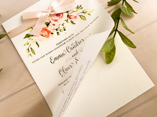 Wedding Invitation 2164: White Gold, Petal Pink Ribbon