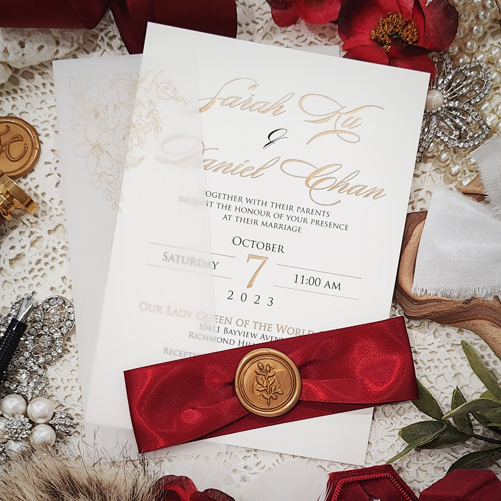 Invitation 5207: Ivory Shimmer, Gold Wax, Sherry Ribbon - gold foil and black invitation with floral vellum wrap and ribbon and wax seal