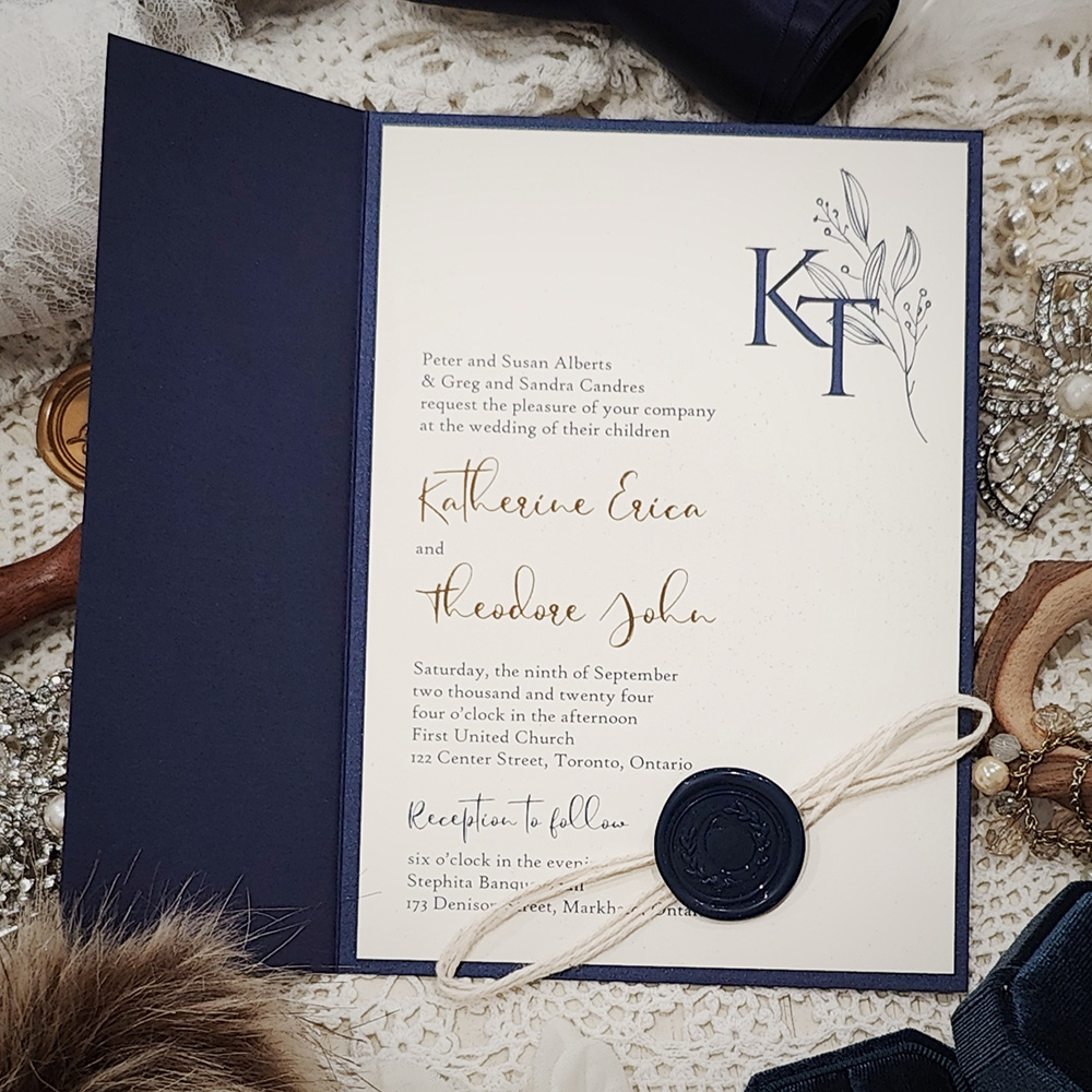 Invitation 3305: Navy Pearl, Cream Smooth, Navy Wax - Half gate fold wedding card in navy pearl.  With a string and wax seal wrapped around.