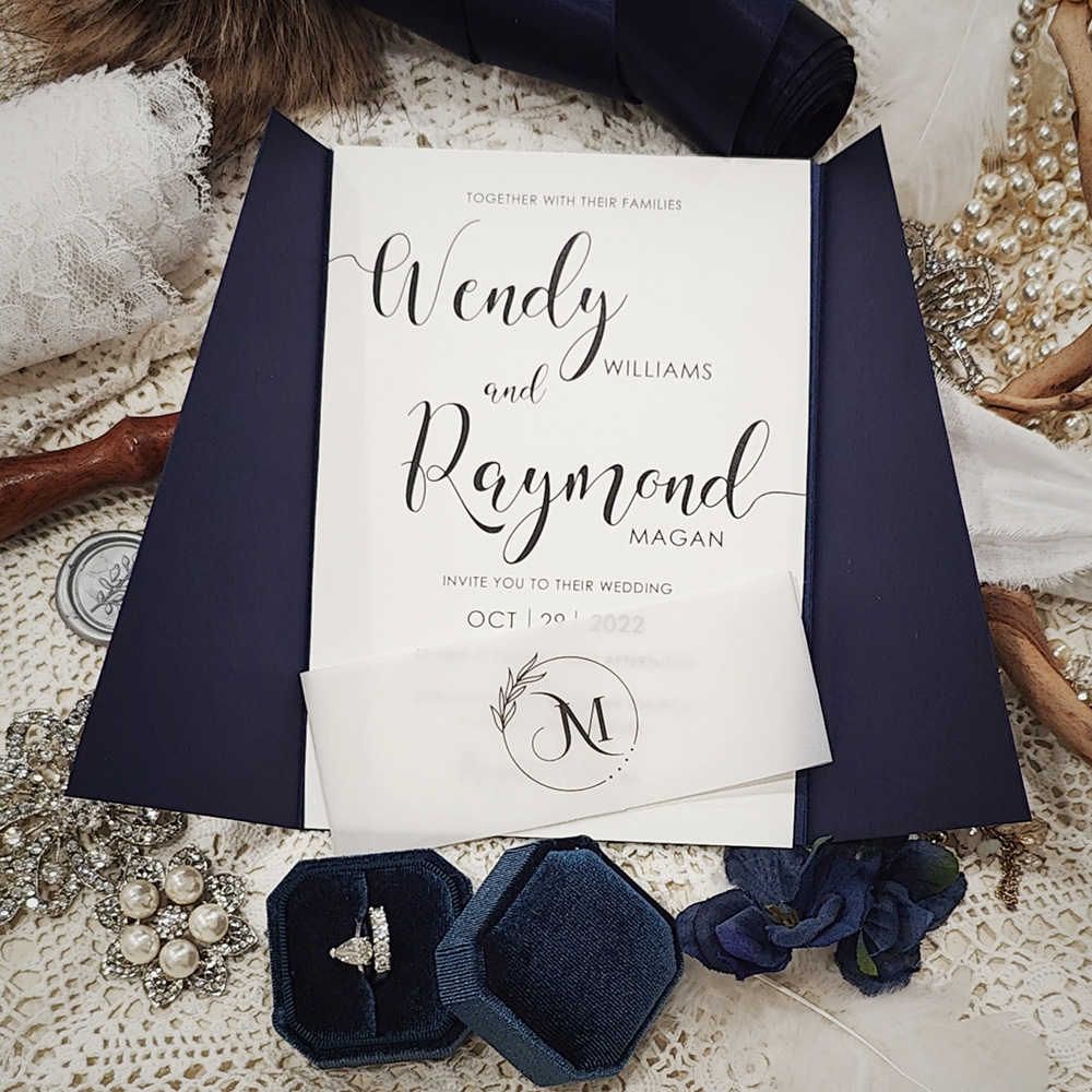 Invitation 3319: Navy Pearl - Slated cut gate fold wedding invitation with a printed vellum belly band.