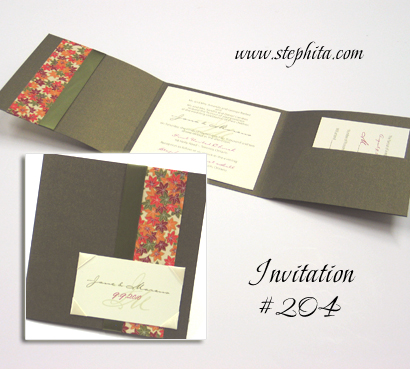 Invitation 204: Sage Pearl, Fall Maple Leaf, Cream Smooth, Cream Ribbon, Sage Ribbon