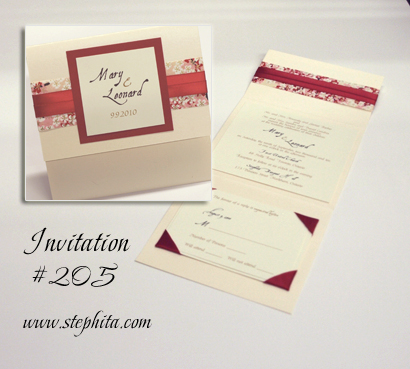 Invitation 205: Ivory Pearl, Red Linen, Red & Pink Blossom, Cream Smooth, Red Ribbon