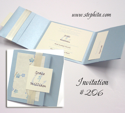 Invitation 206: Blue Aspire Pearl, New Blue Single Blossom, Cream Smooth, Cream Ribbon