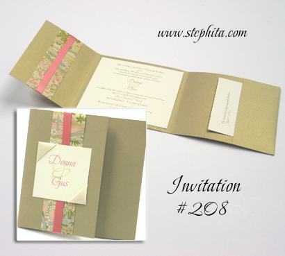 Invitation 208: Gold Pearl, Pastel Pink Blossom, Cream Smooth, Cream Ribbon, Coral Ribbon