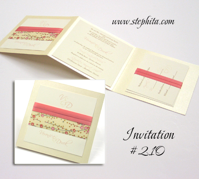Invitation 210: Buttermilk Pearl, Beige Cherry Blossom, Cream Smooth, Coral Ribbon