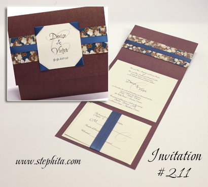 Invitation 211: Brown Pearl, Teal & Brown Big Blossom, Cream Smooth, Teal Ribbon