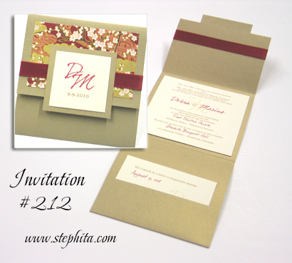 Invitation 212: Gold Pearl, Gold Pearl, Red & Gold with White Cherry Blossom, Cream Smooth, Red Ribbon
