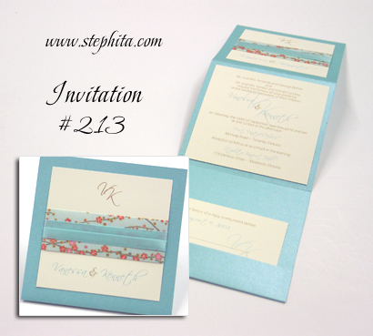 Invitation 213: Tiffany Pearl, Aqua Cherry Blossom, Cream Smooth, Aqua Ribbon