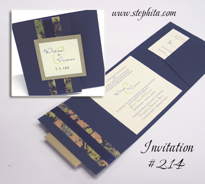 Invitation 214: Navy Linen, Gold Pearl, Navy Maple Leaf, Cream Smooth, Navy Ribbon