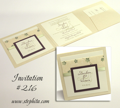 Invitation 216: Buttermilk Pearl, Chocolate Smooth, New Sage Single Blossom, Cream Smooth, Honeydew Ribbon