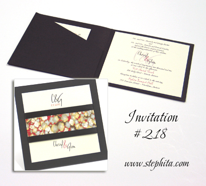 Invitation 218: Black Linen, Red & Silver Big Blossom, Cream Smooth, Black Ribbon
