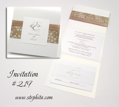 Invitation 219: White Pearl, Light Brown Chio with White Flowers, White Smooth, Champagne Ribbon