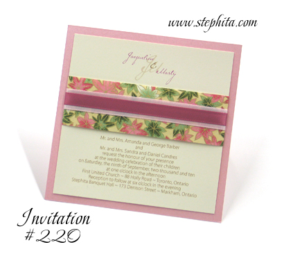 Invitation 220: Pink Pearl, Spring Leaf, Cream Smooth, Pink Ribbon, Dusty Rose Ribbon