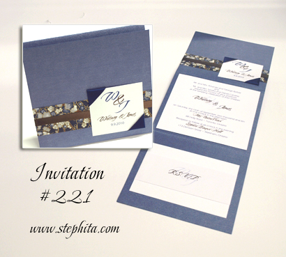 Invitation 221: Blue Steele Pearl, Navy & Silver Big Blossom, White Smooth, Cream Ribbon, Navy Ribbon