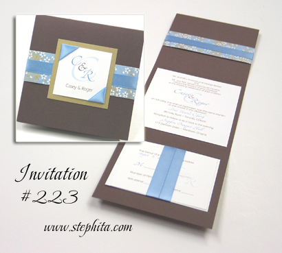 Invitation 223: N/A, Gold Pearl, Light Blue Chiyo with White Flowers, White Smooth, Light Blue Ribbon