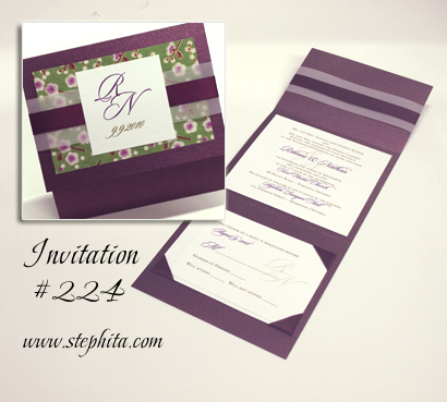 Invitation 224: Sparkling Merlot, Grass Green White Blossom, White Smooth, Eggplant Ribbon