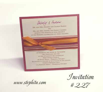 Invitation 227: Raspberry Pearl, Orange & Pink Stripes, Cream Smooth, Tangerine Ribbon