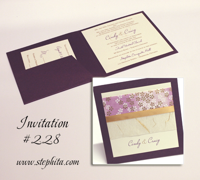 Invitation 228: Sparkling Merlot, Lilac Starburst, Cream Smooth, Gold Ribbon