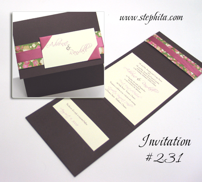 Invitation 231: Chocolate Linen, Pink Big Blossom, Cream Smooth, Dusty Rose Ribbon
