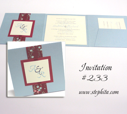 Invitation 233: Blue Aspire Pearl, Red Linen, Red Cherry Blossom, Cream Smooth, Red Ribbon