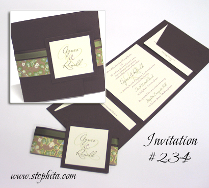 Invitation 234: Chocolate Linen, Chocolate Linen, Sage Big Blossoms, Cream Smooth, Brown Ribbon, Sage Ribbon