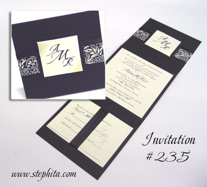 Invitation 235: Black Linen, Black Linen, Black Pattern, Cream Smooth, Black Ribbon, Cream Ribbon
