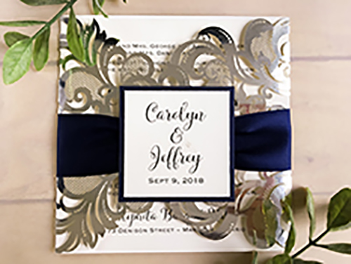 Wedding Invitation lc102: Cream Smooth, Navy Ribbon