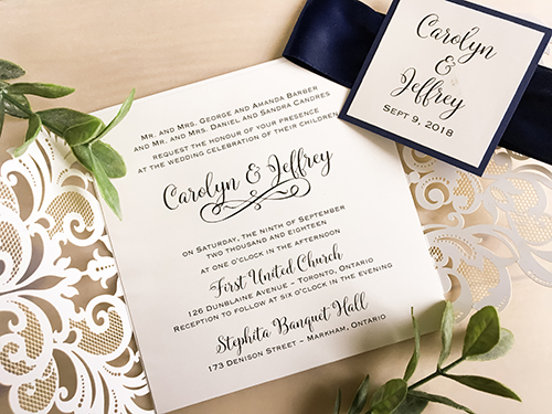 Invitation lc102: Mirror Silver, Cream Smooth, Navy Ribbon - This is a silver mirror damask pattern gate fold laser cut wedding invite.  There is a navy ribbon with a navy pearl layered cover tag.