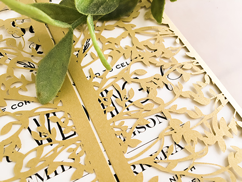 Invitation lc126: Metallic Gold, Cream Smooth - This is a metallic gold laser cut gate fold wedding invitation.  The laser cut pattern resembles a tree branch pattern.