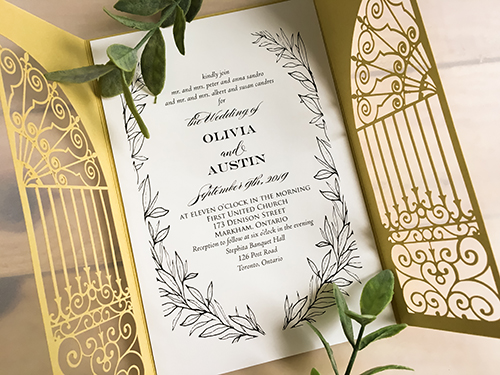 Invitation lc131: Metallic Gold, Cream Smooth - This is a metallic gold laser cut wedding invitation.  The laser cut pattern is an intricate gate design.