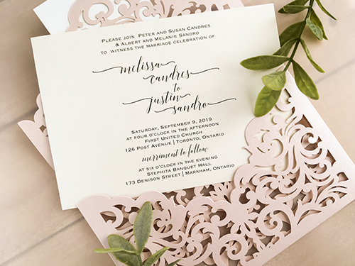 Invitation lc144: Blush Shimmer, Rose Gold Mirror, Cream Smooth - This is a blush shimmer pocket style laser cut invitation.  There is a layered cover tag on the flap.