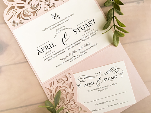 Invitation lc146: Blush Shimmer, Cream Smooth, Gold Wax - This is a blush shimmer pocketfolder laser cut wedding invitation.  There is a gold wax seal on the flap.