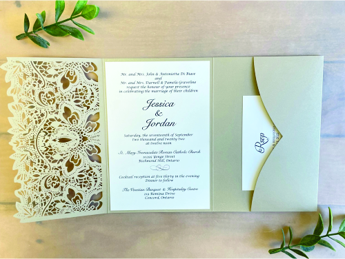 Invitation lc151: Champagne Gold, Cream Smooth - This is a champagne gold laser cut wedding invite.  There is a very unique pattern on the cover flap design.