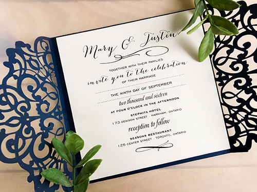 Invitation lc23: Glittering Navy, Cream Smooth - This is simple gate fold laser cut wedding invitation in the glittering navy paper.  The insert is loose.
