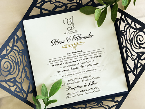 Invitation lc30: Glittering Navy, Cream Smooth - This is a glittering navy laser cut pattern wedding invite.  The laser cut pattern is a rose.